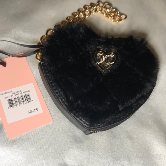 Juicy Couture Liquorice Get Cozy Faux Fur Heart Zip Around Wristlet JC Logo NWT - Picture 3 of 16